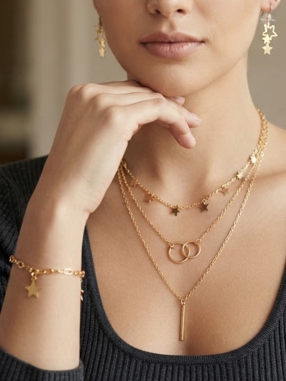 Gold-Tone fashion Jewelry star Set-necklace, bracelet, and earring set. 3 piece